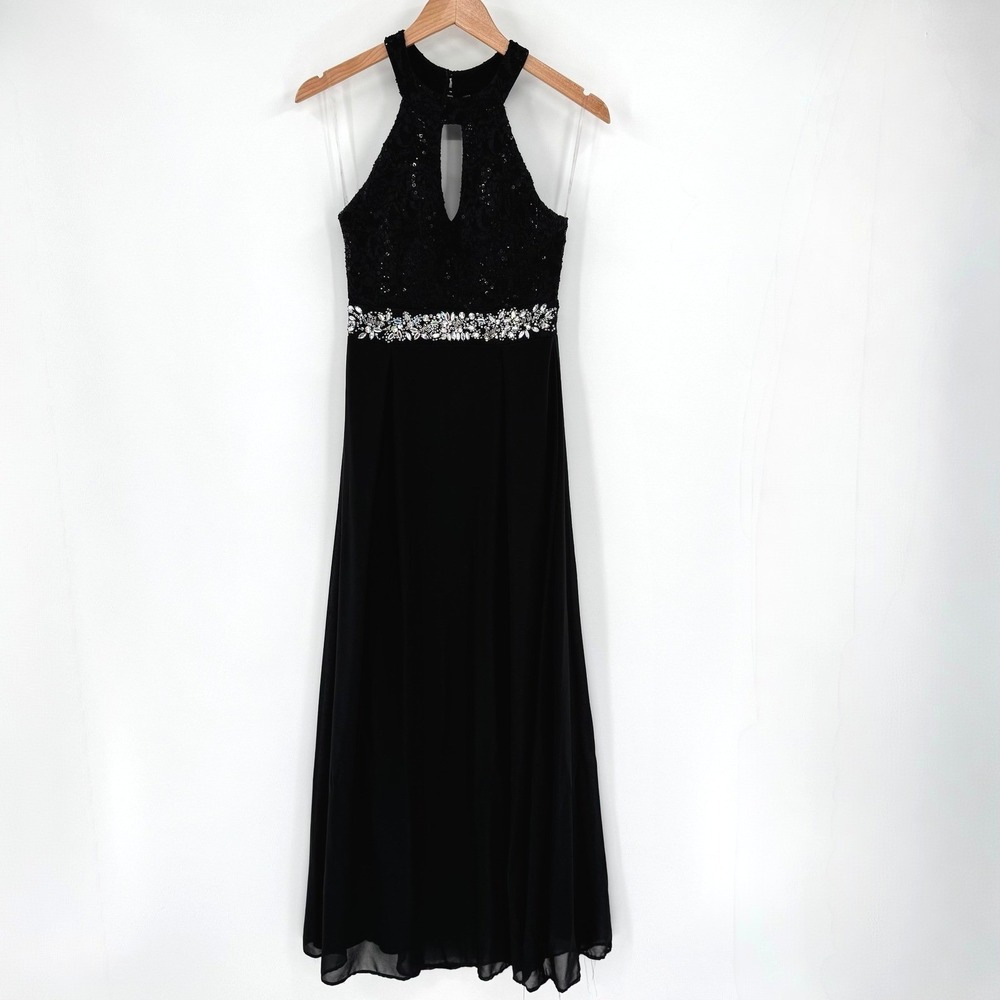 La Scala Long Black Lace Sequin‎ Halter Dress Rhinestone Waistband Formal Prom M